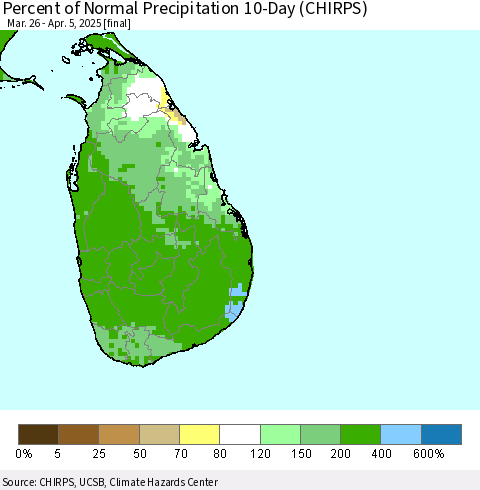 Sri Lanka Percent of Normal Precipitation 10-Day (CHIRPS) Thematic Map For 3/26/2025 - 4/5/2025