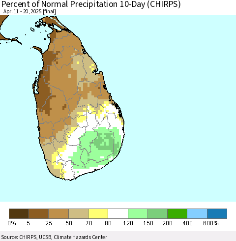 Sri Lanka Percent of Normal Precipitation 10-Day (CHIRPS) Thematic Map For 4/11/2025 - 4/20/2025