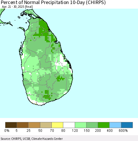 Sri Lanka Percent of Normal Precipitation 10-Day (CHIRPS) Thematic Map For 4/21/2025 - 4/30/2025