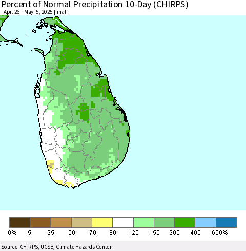 Sri Lanka Percent of Normal Precipitation 10-Day (CHIRPS) Thematic Map For 4/26/2025 - 5/5/2025