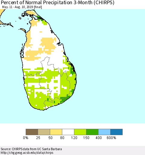 Sri Lanka Percent of Normal Precipitation 3-Month (CHIRPS) Thematic Map For 5/11/2019 - 8/10/2019