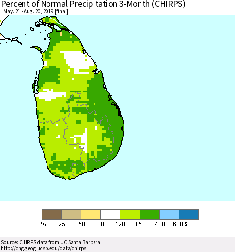 Sri Lanka Percent of Normal Precipitation 3-Month (CHIRPS) Thematic Map For 5/21/2019 - 8/20/2019
