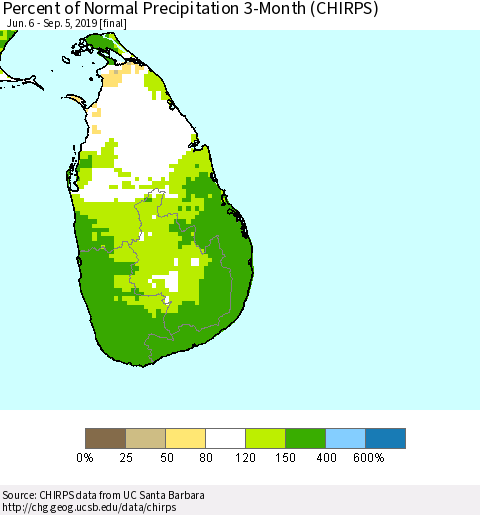 Sri Lanka Percent of Normal Precipitation 3-Month (CHIRPS) Thematic Map For 6/6/2019 - 9/5/2019