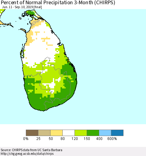 Sri Lanka Percent of Normal Precipitation 3-Month (CHIRPS) Thematic Map For 6/11/2019 - 9/10/2019