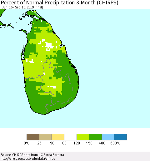 Sri Lanka Percent of Normal Precipitation 3-Month (CHIRPS) Thematic Map For 6/16/2019 - 9/15/2019