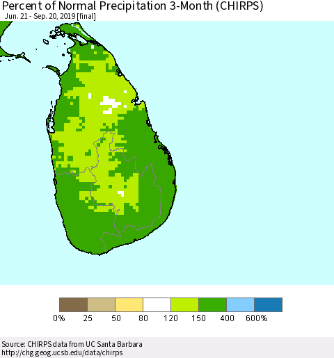 Sri Lanka Percent of Normal Precipitation 3-Month (CHIRPS) Thematic Map For 6/21/2019 - 9/20/2019