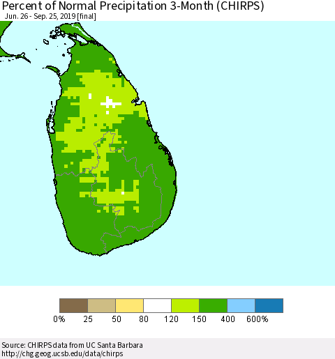 Sri Lanka Percent of Normal Precipitation 3-Month (CHIRPS) Thematic Map For 6/26/2019 - 9/25/2019
