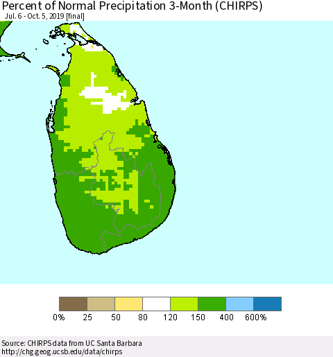 Sri Lanka Percent of Normal Precipitation 3-Month (CHIRPS) Thematic Map For 7/6/2019 - 10/5/2019
