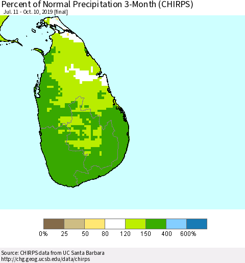 Sri Lanka Percent of Normal Precipitation 3-Month (CHIRPS) Thematic Map For 7/11/2019 - 10/10/2019