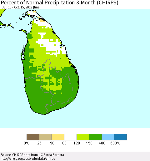 Sri Lanka Percent of Normal Precipitation 3-Month (CHIRPS) Thematic Map For 7/16/2019 - 10/15/2019