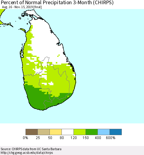 Sri Lanka Percent of Normal Precipitation 3-Month (CHIRPS) Thematic Map For 8/16/2019 - 11/15/2019