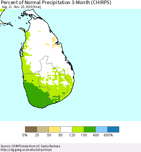 Sri Lanka Percent of Normal Precipitation 3-Month (CHIRPS) Thematic Map For 8/21/2019 - 11/20/2019