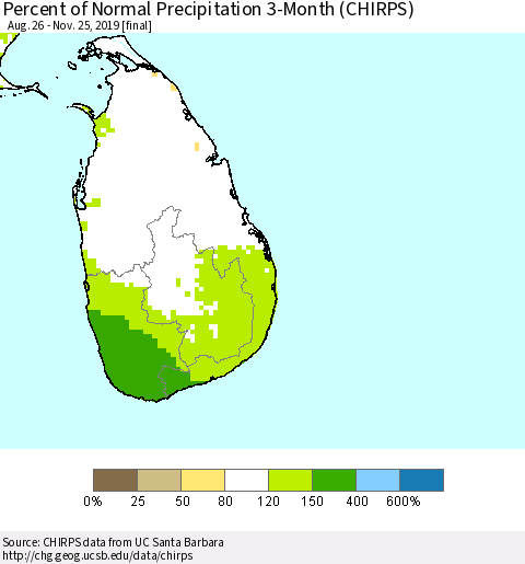 Sri Lanka Percent of Normal Precipitation 3-Month (CHIRPS) Thematic Map For 8/26/2019 - 11/25/2019