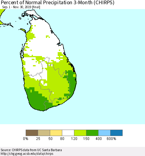 Sri Lanka Percent of Normal Precipitation 3-Month (CHIRPS) Thematic Map For 9/1/2019 - 11/30/2019