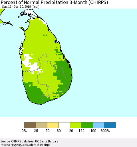 Sri Lanka Percent of Normal Precipitation 3-Month (CHIRPS) Thematic Map For 9/11/2019 - 12/10/2019
