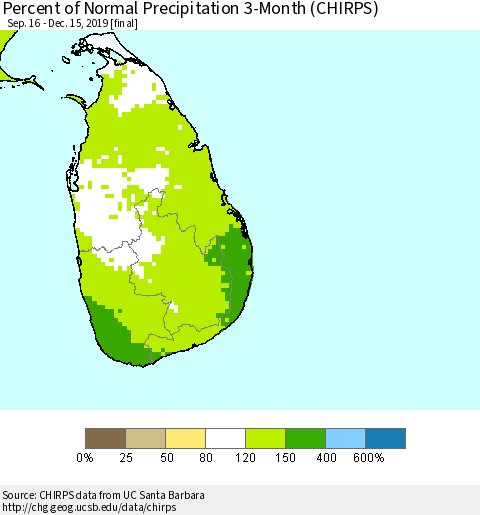 Sri Lanka Percent of Normal Precipitation 3-Month (CHIRPS) Thematic Map For 9/16/2019 - 12/15/2019