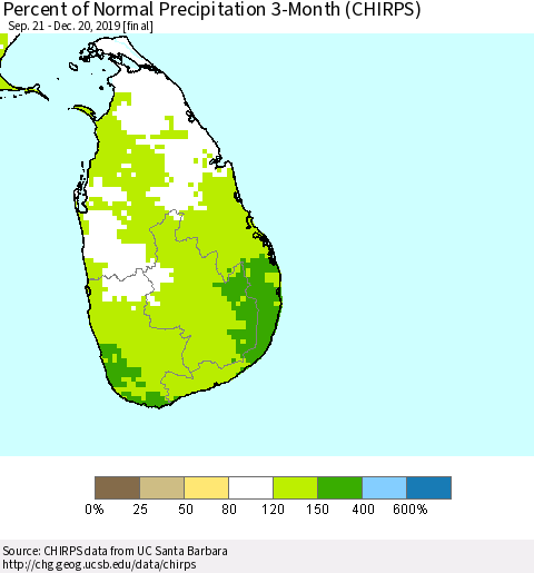 Sri Lanka Percent of Normal Precipitation 3-Month (CHIRPS) Thematic Map For 9/21/2019 - 12/20/2019