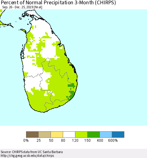 Sri Lanka Percent of Normal Precipitation 3-Month (CHIRPS) Thematic Map For 9/26/2019 - 12/25/2019