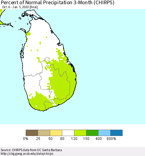 Sri Lanka Percent of Normal Precipitation 3-Month (CHIRPS) Thematic Map For 10/6/2019 - 1/5/2020