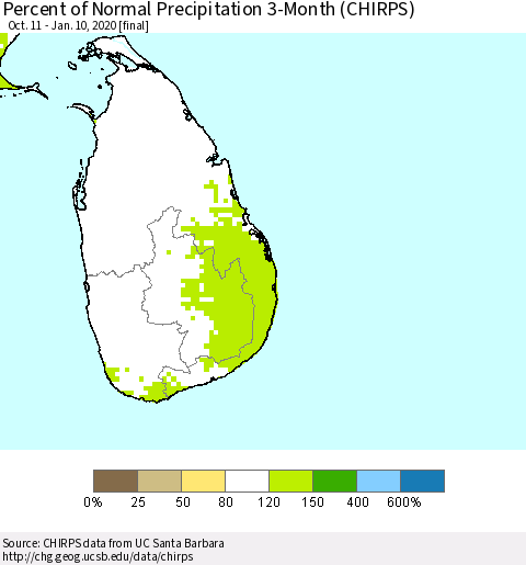 Sri Lanka Percent of Normal Precipitation 3-Month (CHIRPS) Thematic Map For 10/11/2019 - 1/10/2020
