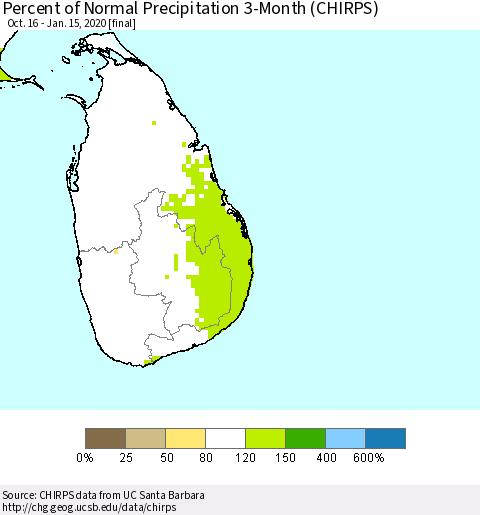 Sri Lanka Percent of Normal Precipitation 3-Month (CHIRPS) Thematic Map For 10/16/2019 - 1/15/2020