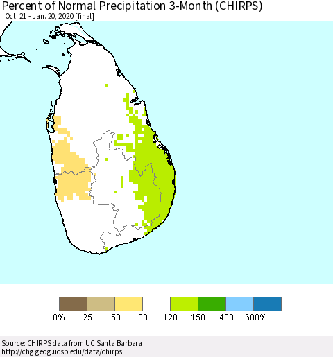 Sri Lanka Percent of Normal Precipitation 3-Month (CHIRPS) Thematic Map For 10/21/2019 - 1/20/2020