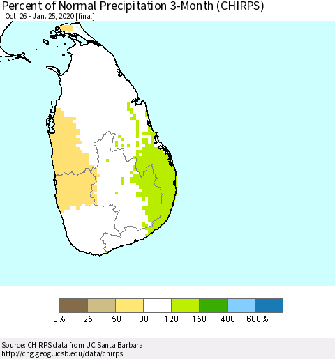 Sri Lanka Percent of Normal Precipitation 3-Month (CHIRPS) Thematic Map For 10/26/2019 - 1/25/2020