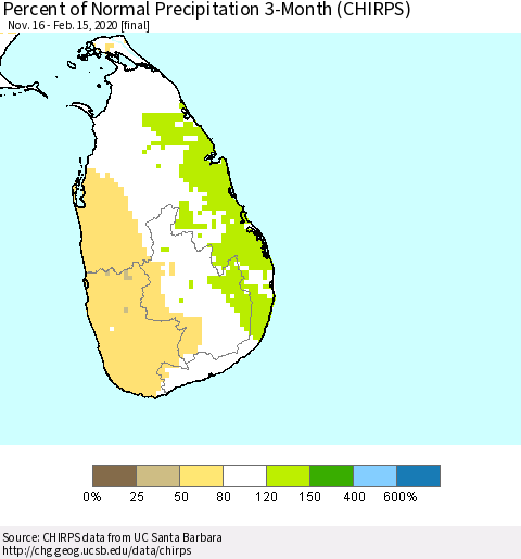 Sri Lanka Percent of Normal Precipitation 3-Month (CHIRPS) Thematic Map For 11/16/2019 - 2/15/2020