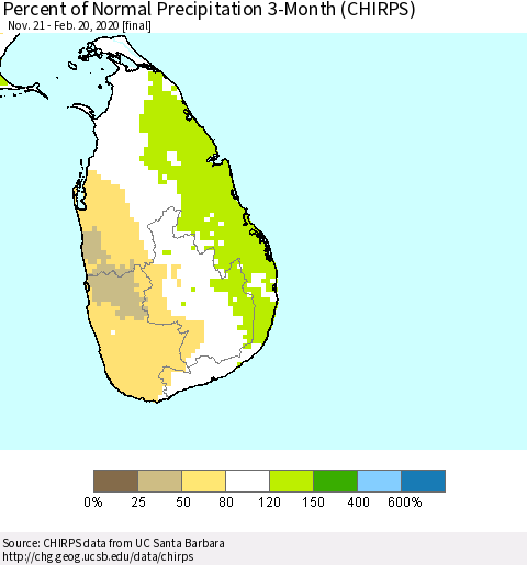 Sri Lanka Percent of Normal Precipitation 3-Month (CHIRPS) Thematic Map For 11/21/2019 - 2/20/2020