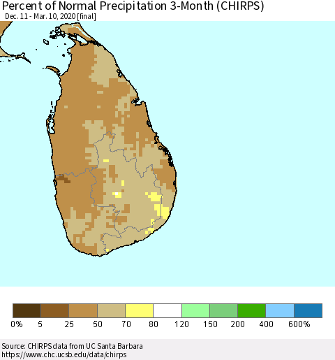 Sri Lanka Percent of Normal Precipitation 3-Month (CHIRPS) Thematic Map For 12/11/2019 - 3/10/2020