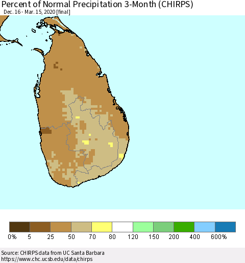 Sri Lanka Percent of Normal Precipitation 3-Month (CHIRPS) Thematic Map For 12/16/2019 - 3/15/2020