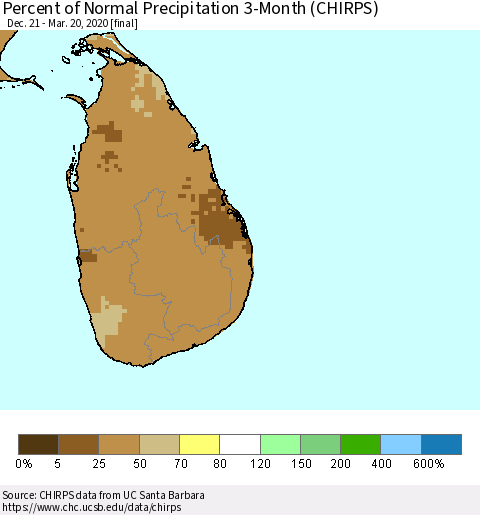 Sri Lanka Percent of Normal Precipitation 3-Month (CHIRPS) Thematic Map For 12/21/2019 - 3/20/2020