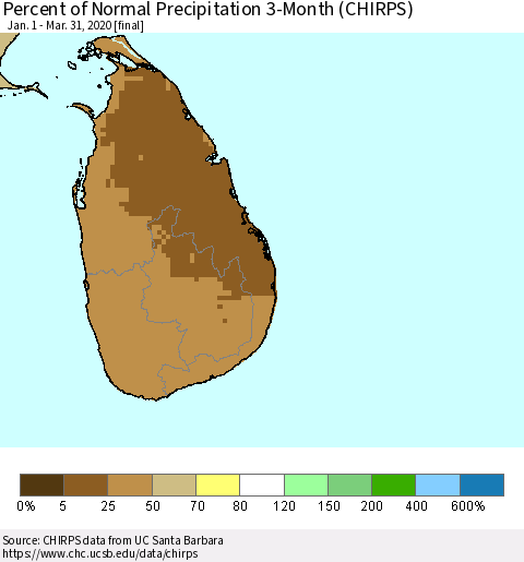Sri Lanka Percent of Normal Precipitation 3-Month (CHIRPS) Thematic Map For 1/1/2020 - 3/31/2020