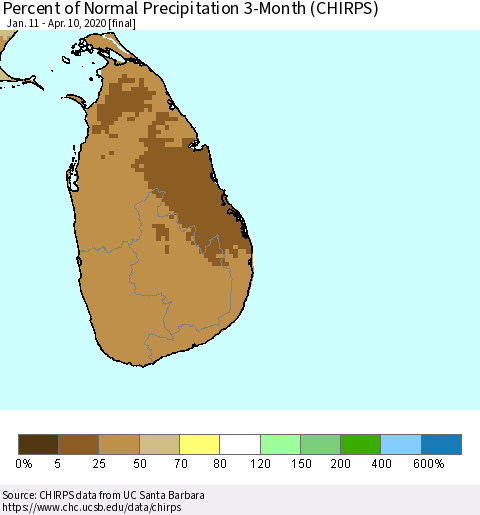 Sri Lanka Percent of Normal Precipitation 3-Month (CHIRPS) Thematic Map For 1/11/2020 - 4/10/2020