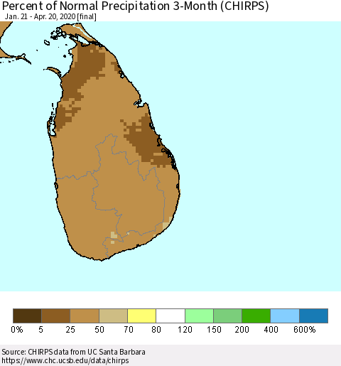 Sri Lanka Percent of Normal Precipitation 3-Month (CHIRPS) Thematic Map For 1/21/2020 - 4/20/2020