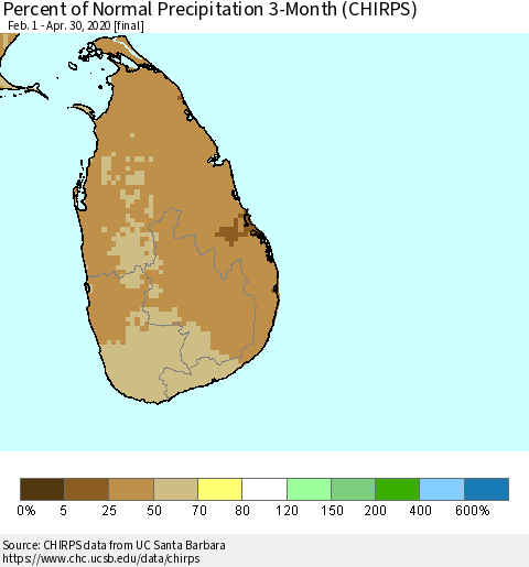 Sri Lanka Percent of Normal Precipitation 3-Month (CHIRPS) Thematic Map For 2/1/2020 - 4/30/2020