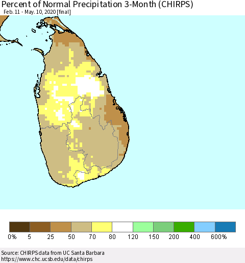 Sri Lanka Percent of Normal Precipitation 3-Month (CHIRPS) Thematic Map For 2/11/2020 - 5/10/2020