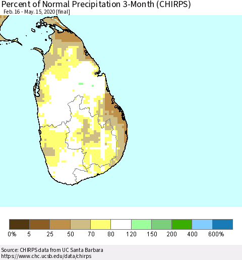 Sri Lanka Percent of Normal Precipitation 3-Month (CHIRPS) Thematic Map For 2/16/2020 - 5/15/2020