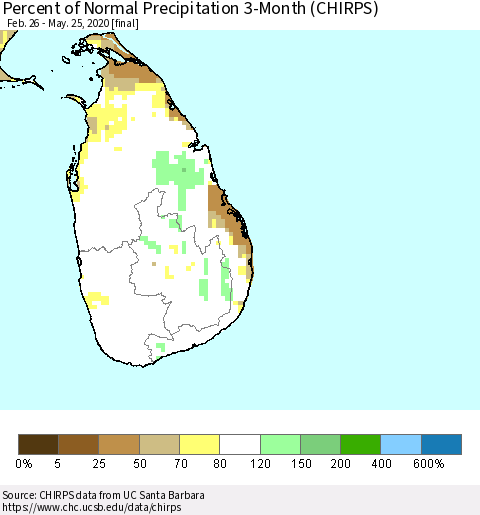 Sri Lanka Percent of Normal Precipitation 3-Month (CHIRPS) Thematic Map For 2/26/2020 - 5/25/2020