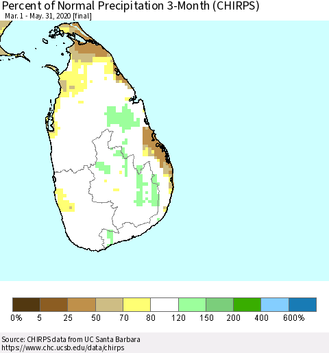 Sri Lanka Percent of Normal Precipitation 3-Month (CHIRPS) Thematic Map For 3/1/2020 - 5/31/2020