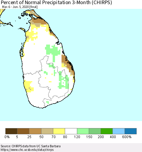 Sri Lanka Percent of Normal Precipitation 3-Month (CHIRPS) Thematic Map For 3/6/2020 - 6/5/2020