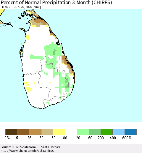 Sri Lanka Percent of Normal Precipitation 3-Month (CHIRPS) Thematic Map For 3/21/2020 - 6/20/2020