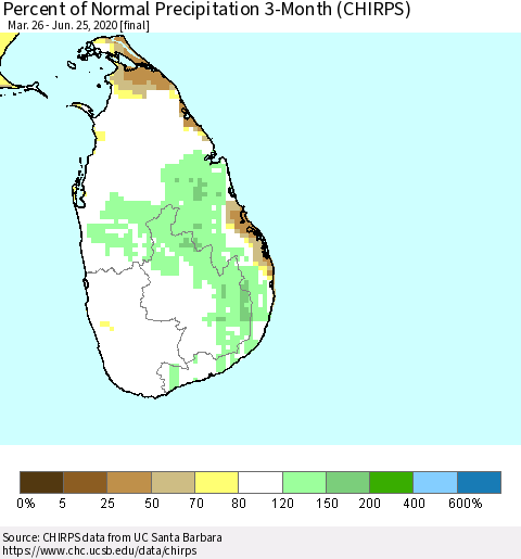 Sri Lanka Percent of Normal Precipitation 3-Month (CHIRPS) Thematic Map For 3/26/2020 - 6/25/2020