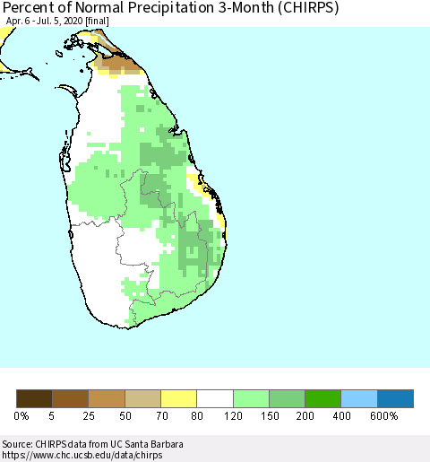 Sri Lanka Percent of Normal Precipitation 3-Month (CHIRPS) Thematic Map For 4/6/2020 - 7/5/2020