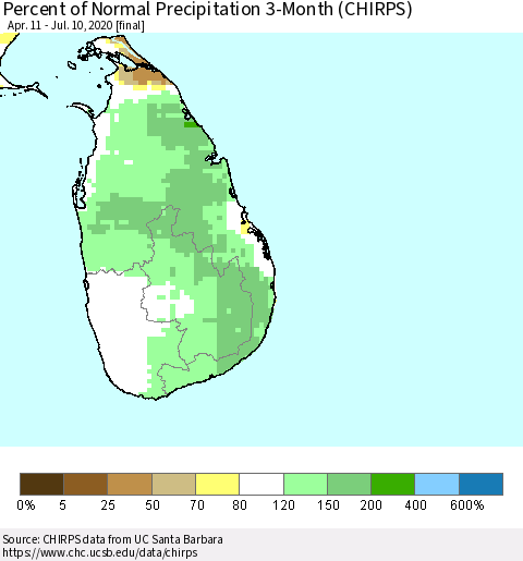 Sri Lanka Percent of Normal Precipitation 3-Month (CHIRPS) Thematic Map For 4/11/2020 - 7/10/2020