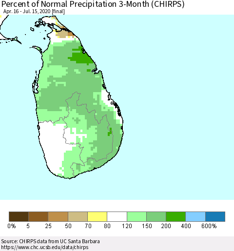 Sri Lanka Percent of Normal Precipitation 3-Month (CHIRPS) Thematic Map For 4/16/2020 - 7/15/2020