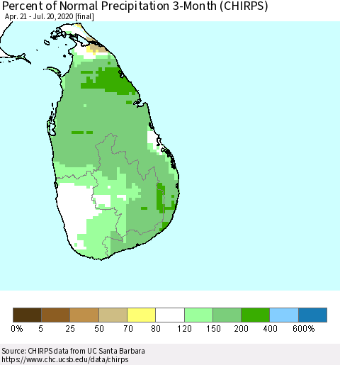 Sri Lanka Percent of Normal Precipitation 3-Month (CHIRPS) Thematic Map For 4/21/2020 - 7/20/2020