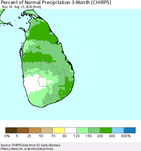 Sri Lanka Percent of Normal Precipitation 3-Month (CHIRPS) Thematic Map For 5/16/2020 - 8/15/2020