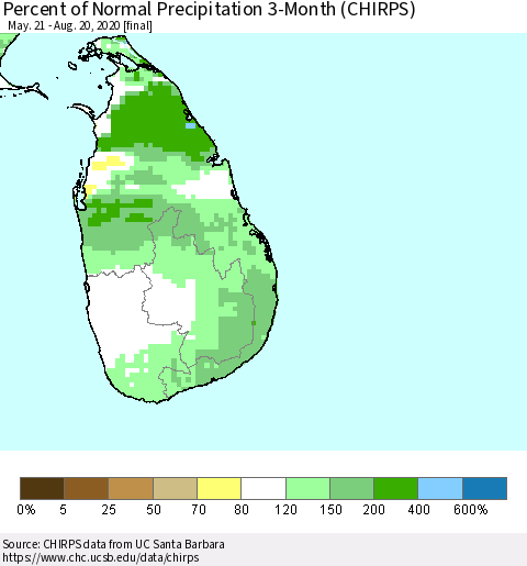 Sri Lanka Percent of Normal Precipitation 3-Month (CHIRPS) Thematic Map For 5/21/2020 - 8/20/2020
