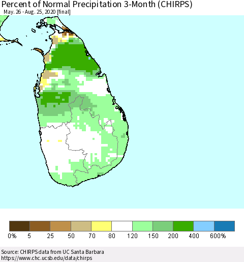 Sri Lanka Percent of Normal Precipitation 3-Month (CHIRPS) Thematic Map For 5/26/2020 - 8/25/2020